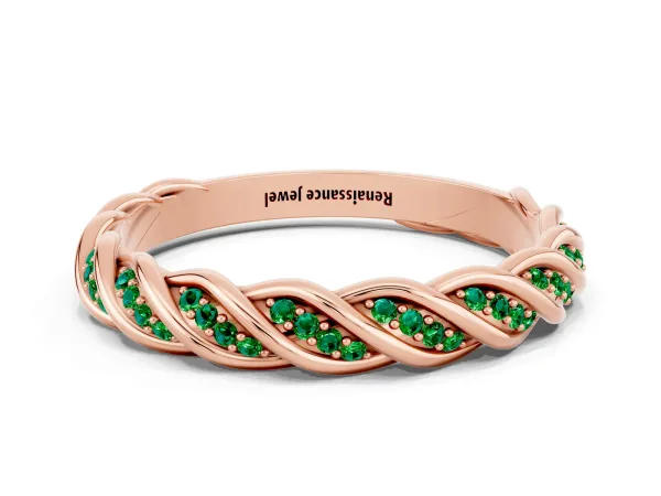 Twisted Pavé Round Emerald Eternity Band with Shared Prong Setting Rose gold