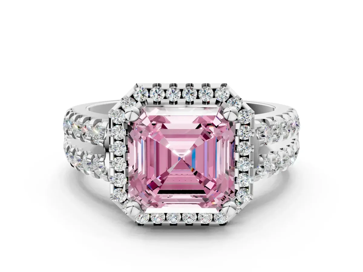Fancy Pink Asscher Cut Halo Diamond Split Shank Engagement Ring with Prong Setting Platinum