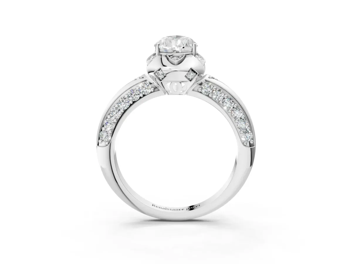 Pear Cut Halo Split Shank Pave Diamond Ring with Petal Prong Setting Platinum