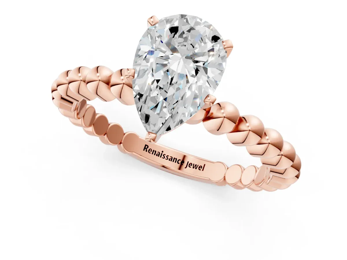Pear Cut Diamond Solitaire Ring with Beaded Band and Prong Setting Rose gold