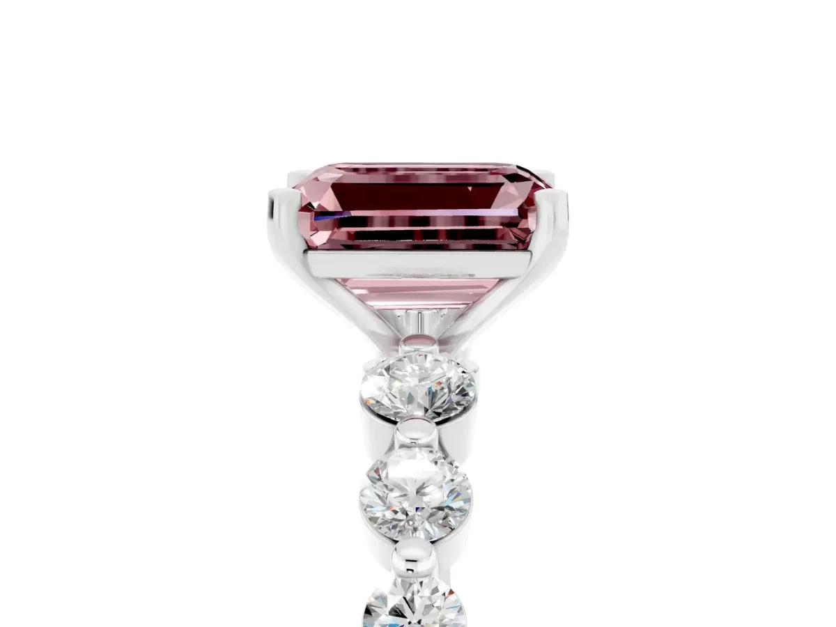 Emerald Cut Solitaire Morganite Ring with Pave Band and Four-Prong Setting Silver