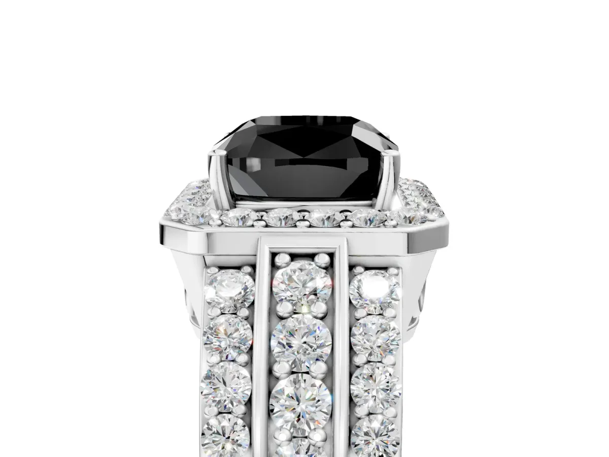 Fancy Black Cushion Cut Halo Diamond Ring with Round Split Shank and Prong Setting White gold