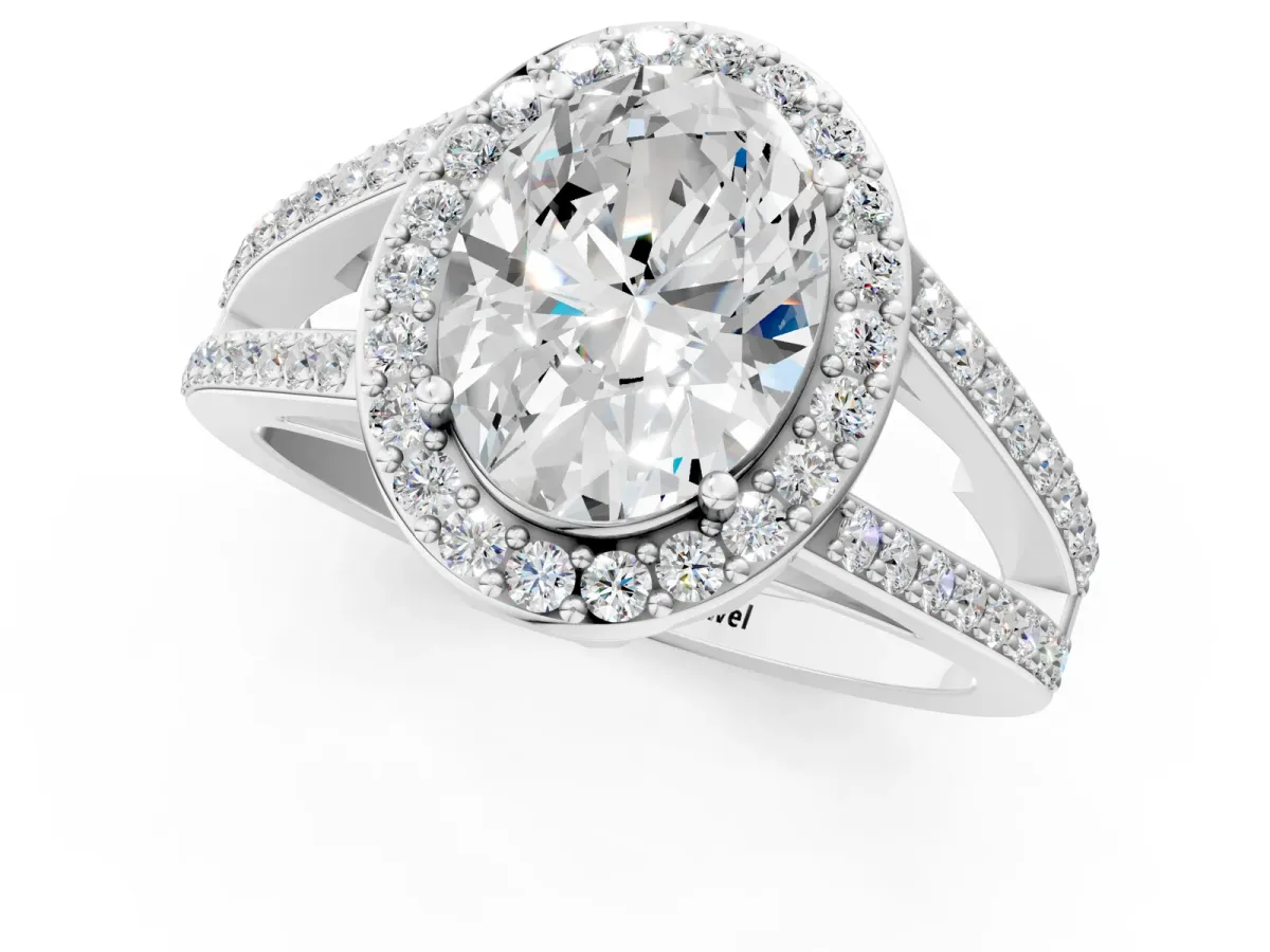 Oval Cut Diamond Halo Ring with Split Shank U-Prong Band and Four-Prong Setting Silver