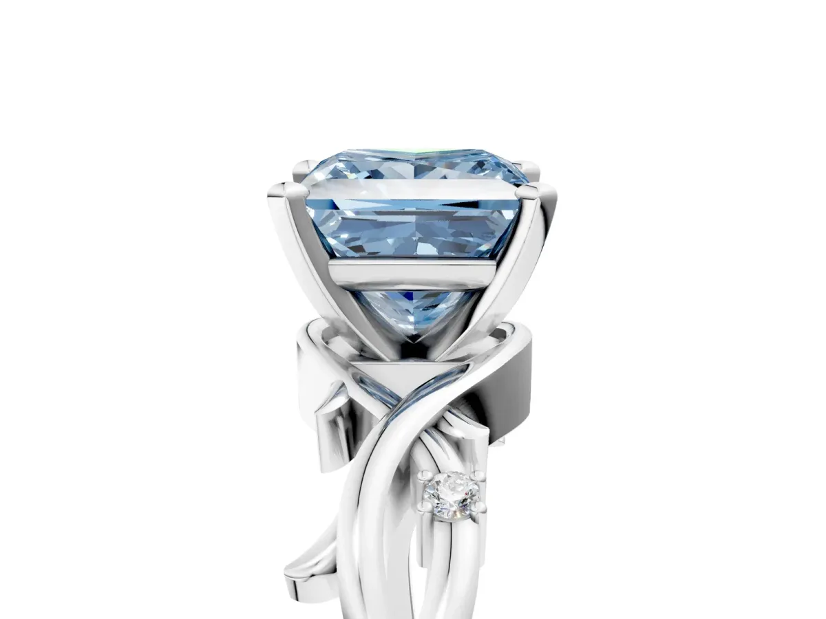 Fancy Blue Princess Cut Diamond Solitaire Ring with Twisted Band and Prong Setting Platinum