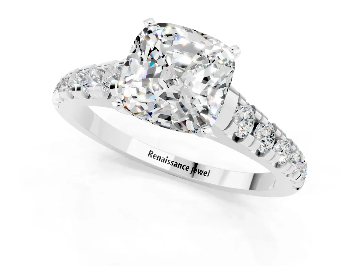 Cushion Cut Moissanite Cathedral Solitaire Ring with Round Pavé Band Silver