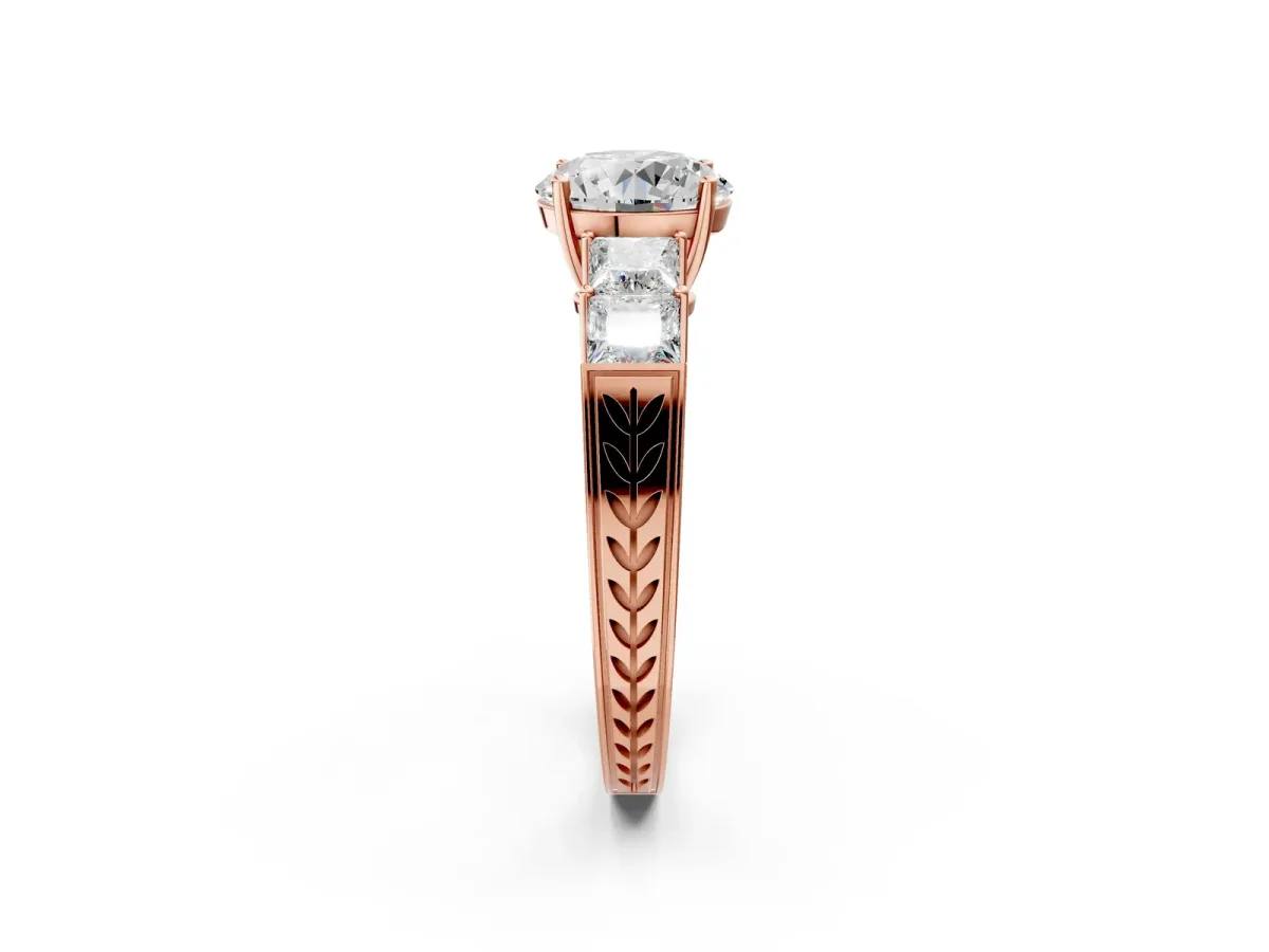 Round Cut Solitaire Princess Side Stone Engraved Band Prong Setting Ring Rose gold