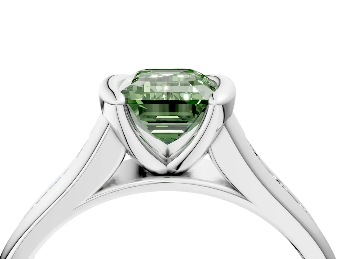 Fancy Green Emerald Cut Solitaire Bezel-Set Diamond Ring with Channel-Set Band Platinum