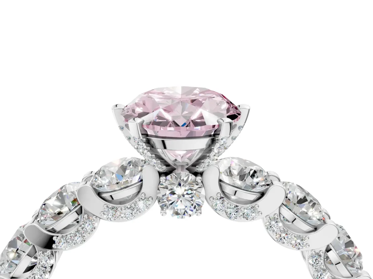 Fancy Pink Oval Cut Diamond Side Stone Engagement Ring with Four-Prong Setting Silver