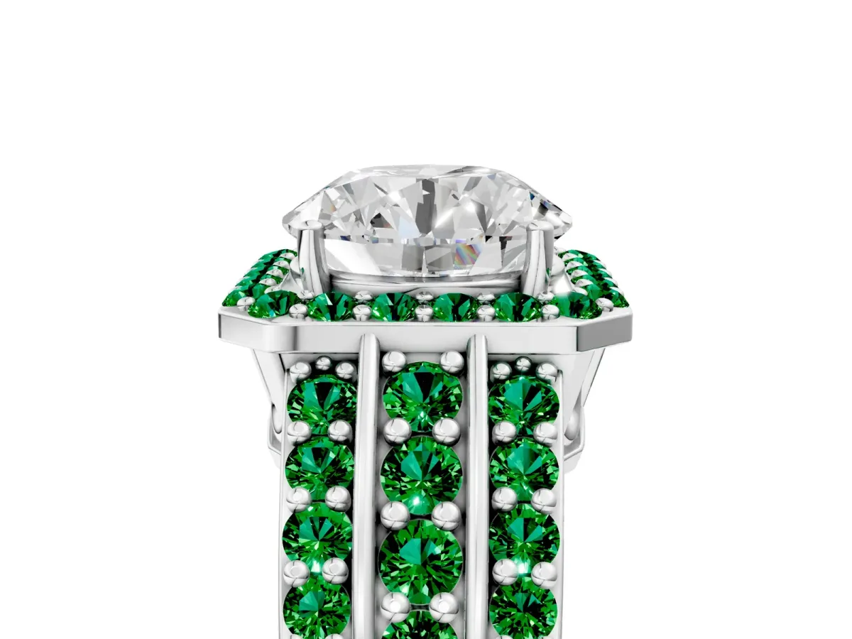 Round Cut Halo Diamond Ring with Round Emerald Split Shank and Prong Setting White gold