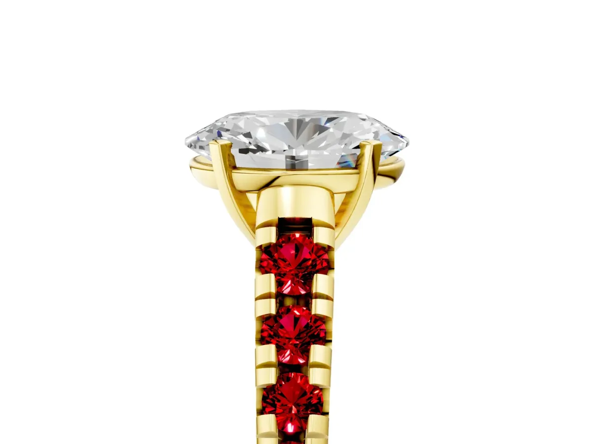 Oval Cut Diamond Cathedral Solitaire Ring with Round Ruby Pavé Band Yellow gold