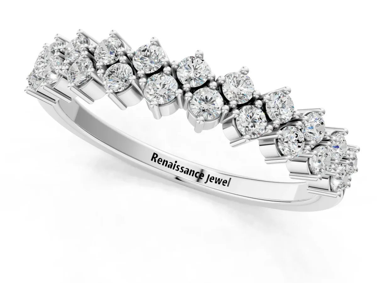 Round Diamond Prong Set Chevron Band Silver