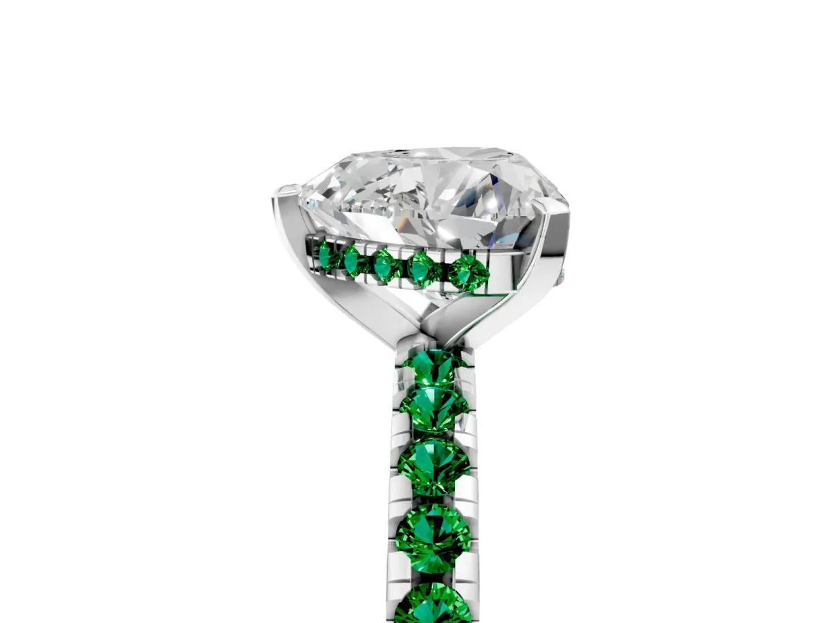 Heart Cut Diamond Solitaire Ring with Round Emerald Pavé Band and Four-Prong Setting Silver