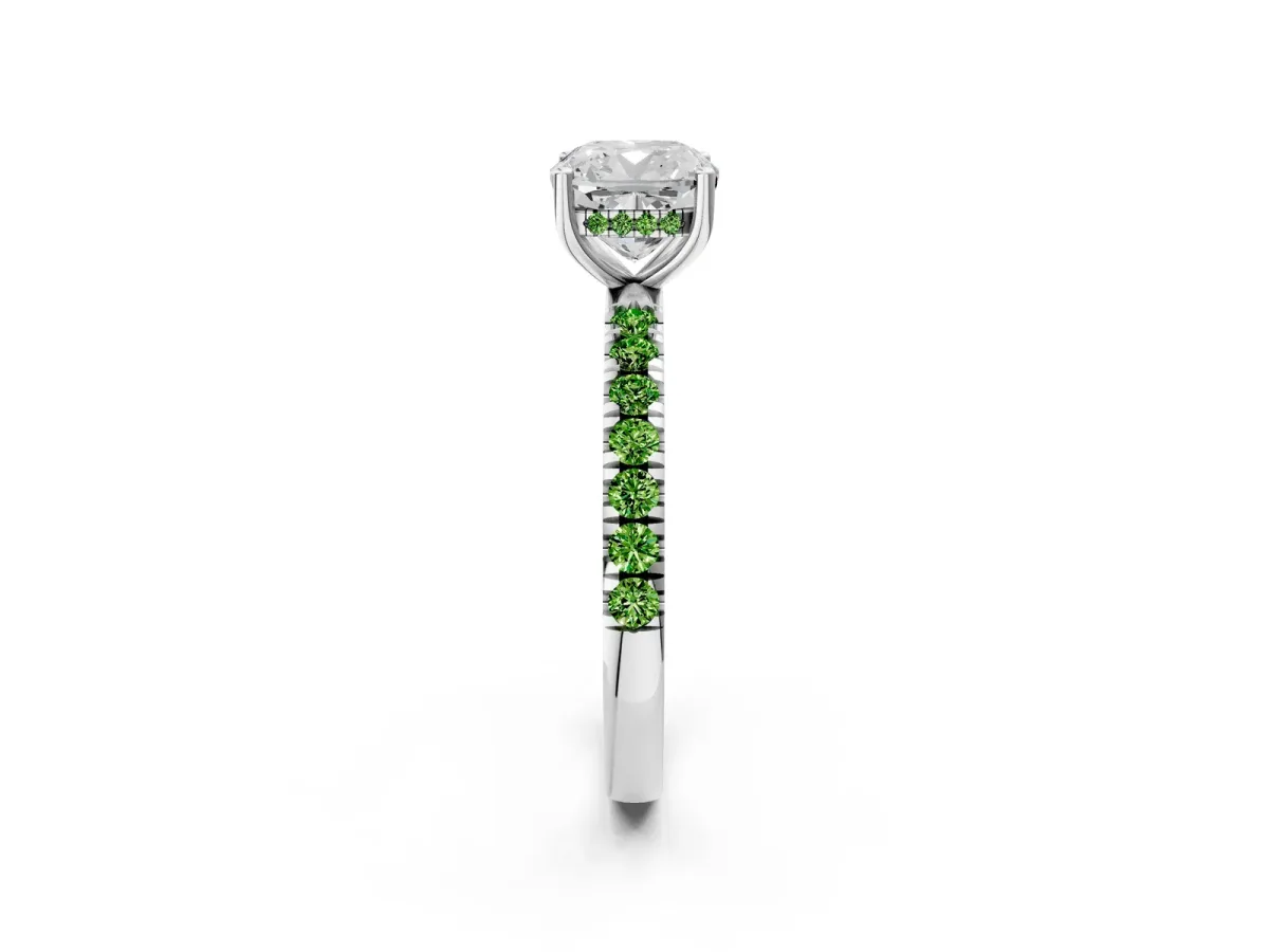 Cushion Cut Diamond Pave Band Solitaire Ring with Round Peridot and Prong Setting Silver