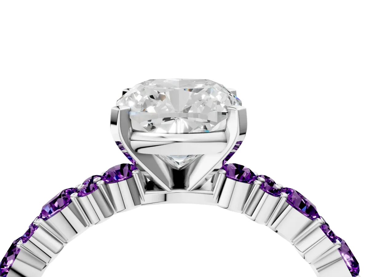 Cushion Cut Diamond Side Stone Solitaire Ring with Round Amethyst and Four-Prong Setting White gold