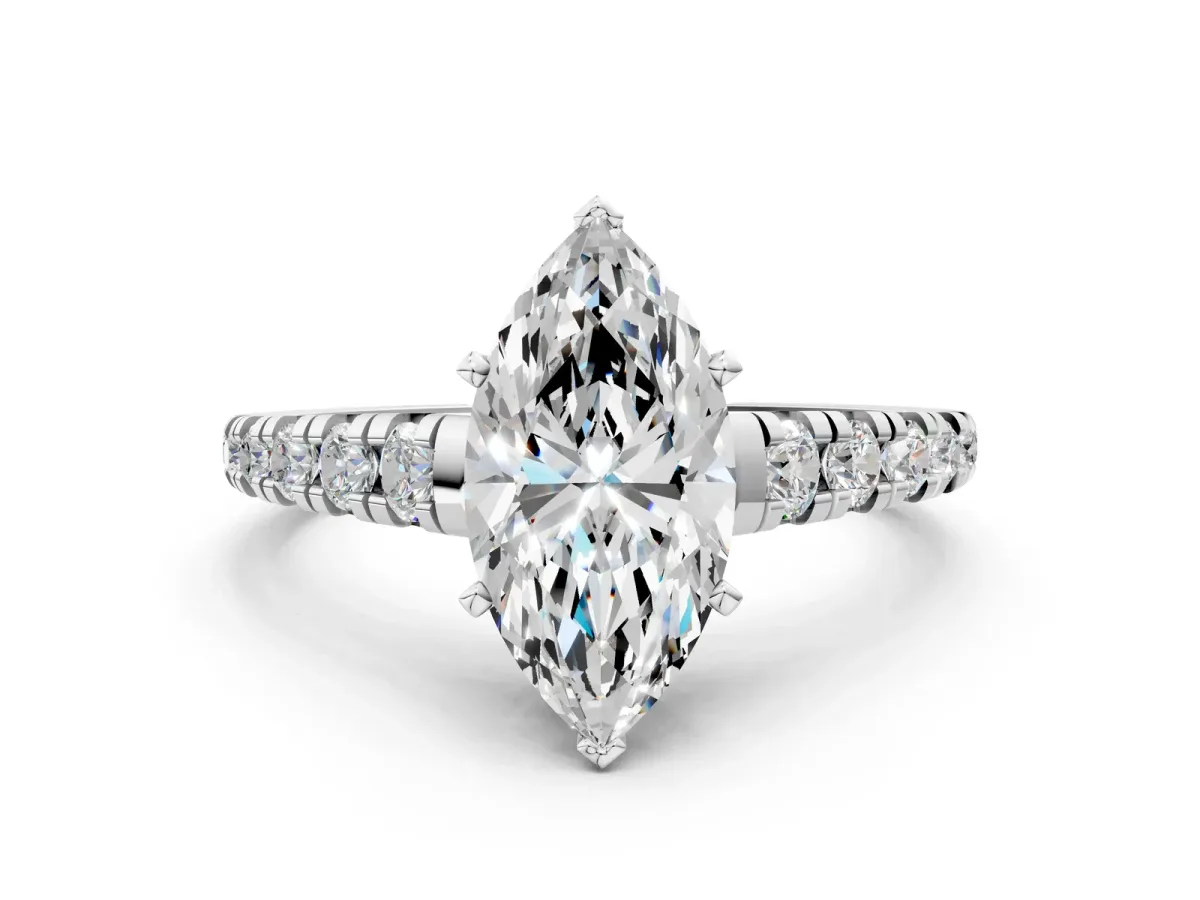 Marquise Cut Diamond Cathedral Solitaire Ring with Round Pavé Band Platinum