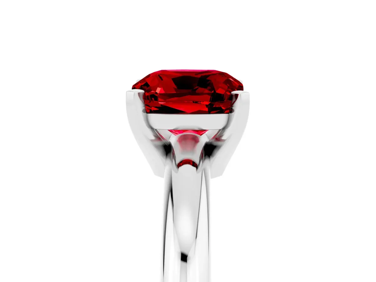 Cushion Cut Ruby Solitaire Engagement Ring with Round Band and Four-Prong Setting Platinum