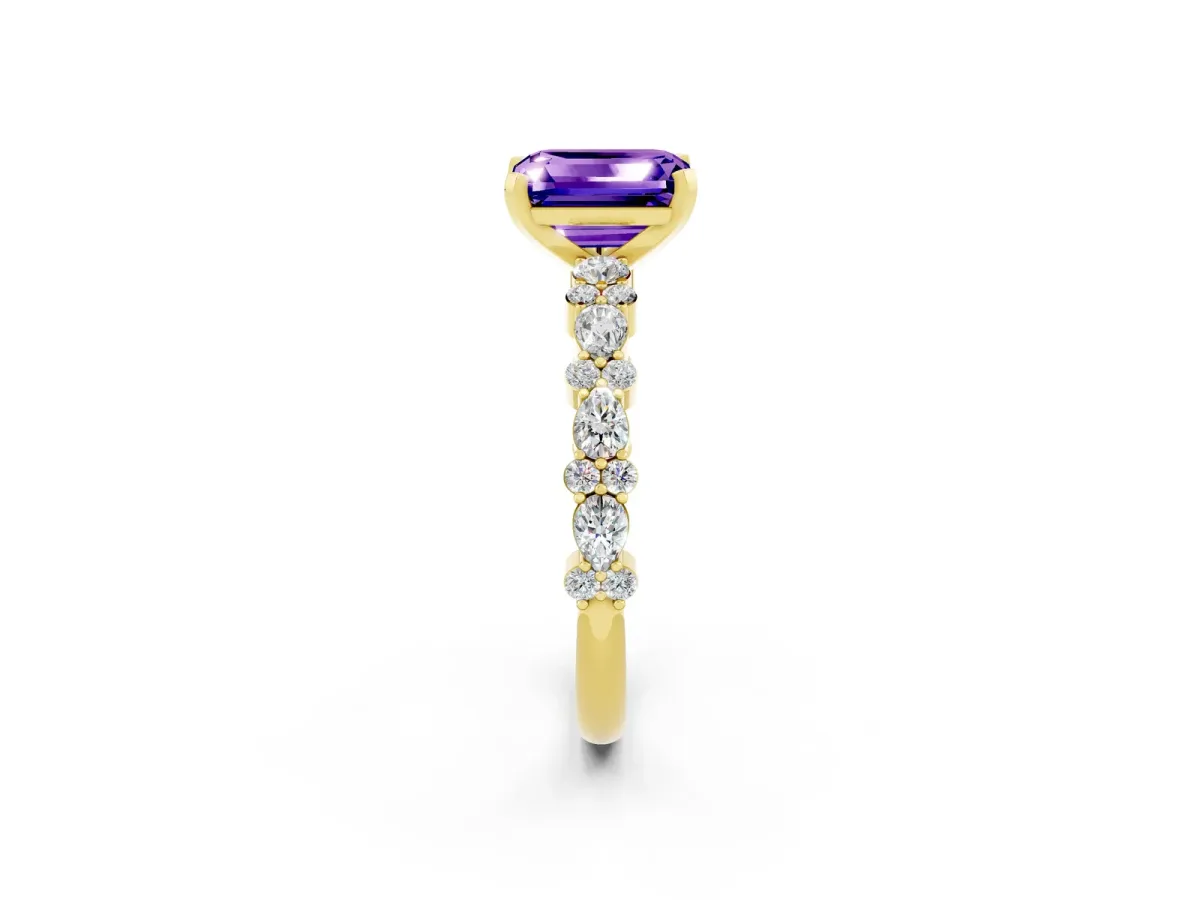 Emerald Cut Tanzanite Side Stone Solitaire Ring with Round and Four-Prong Setting Yellow gold