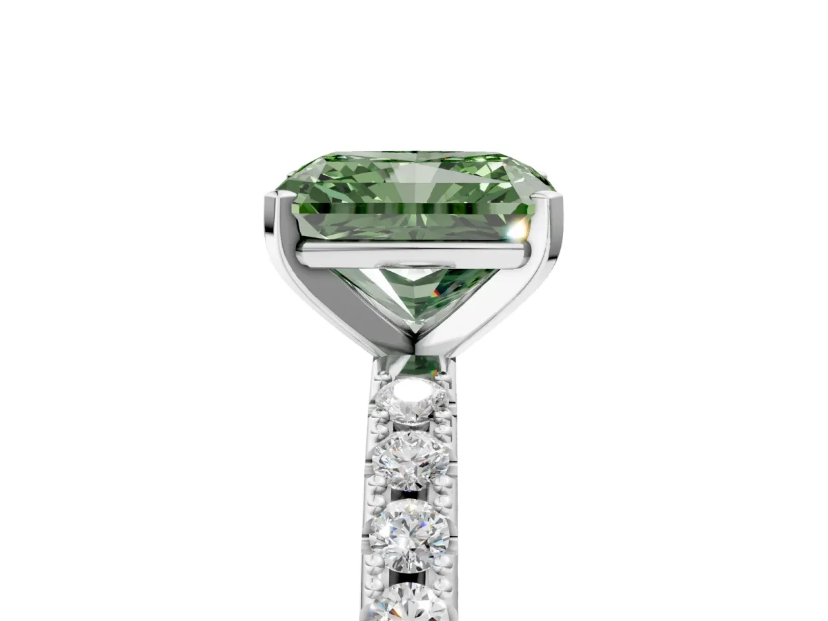 Fancy Green Radiant Cut Diamond Solitaire Pavé Band with Four-Prong Setting Silver
