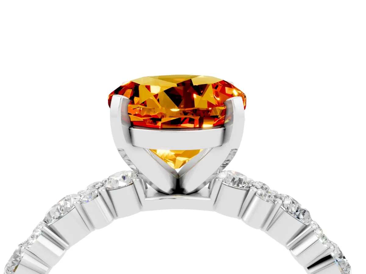 Round Cut Citrine Side Stone Solitaire Ring with Round and Four-Prong Setting Silver