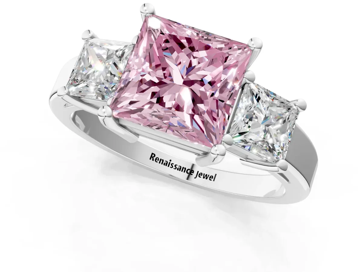 Fancy Pink Three-Stone Princess Cut Cut Solitaire Ring with Prong Setting Platinum