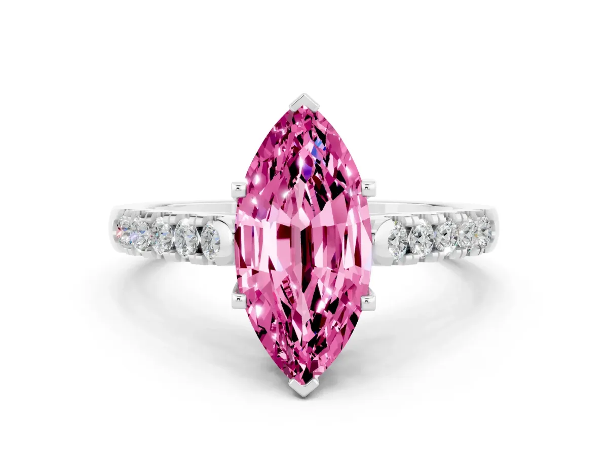 Marquise Cut Pink Sapphire Pavé Band Solitaire Ring with Prong Setting Silver