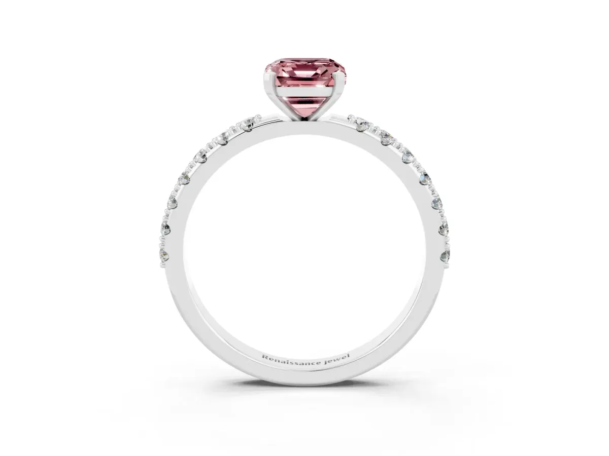 Emerald Cut Morganite Solitaire Pavé Band with Four-Prong Setting Platinum