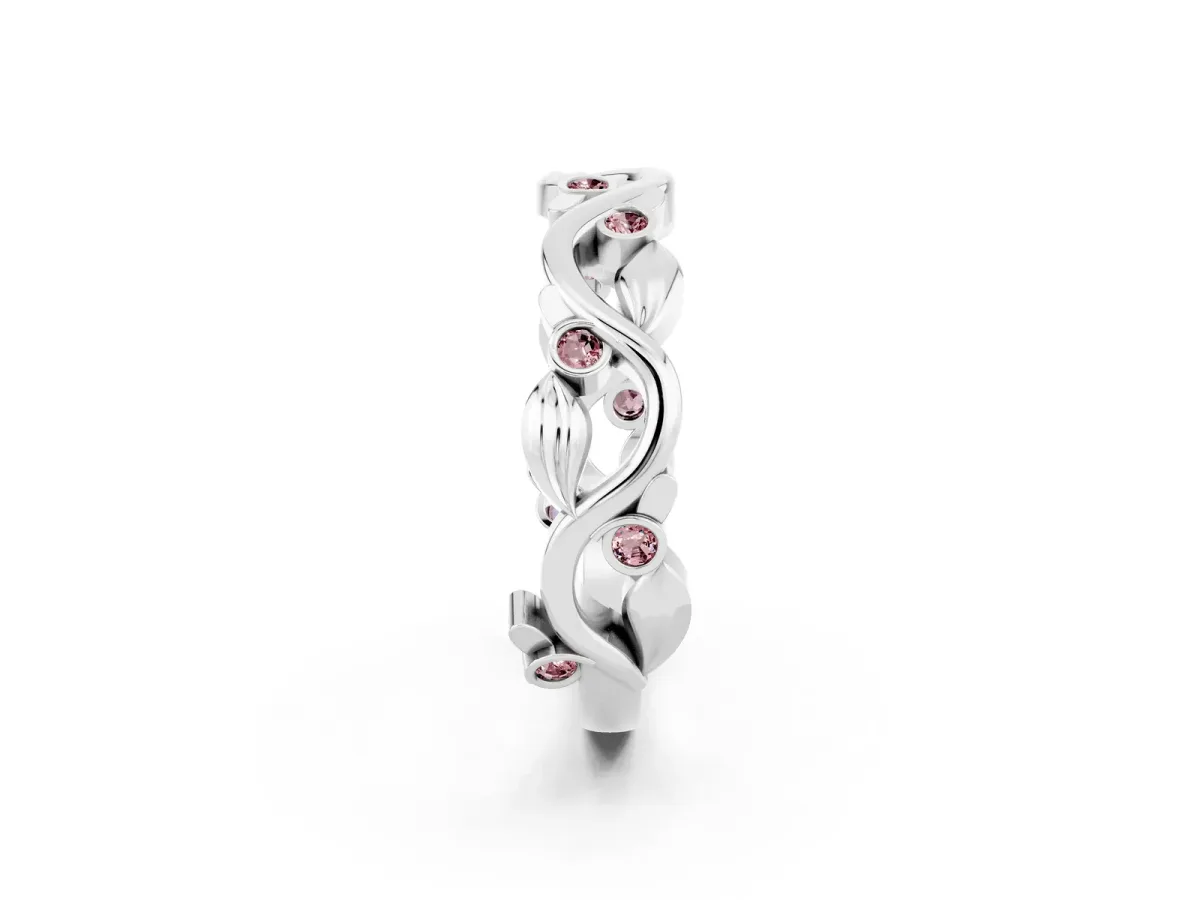 Round Morganite Leaf Eternity Band with Bezel Setting White gold