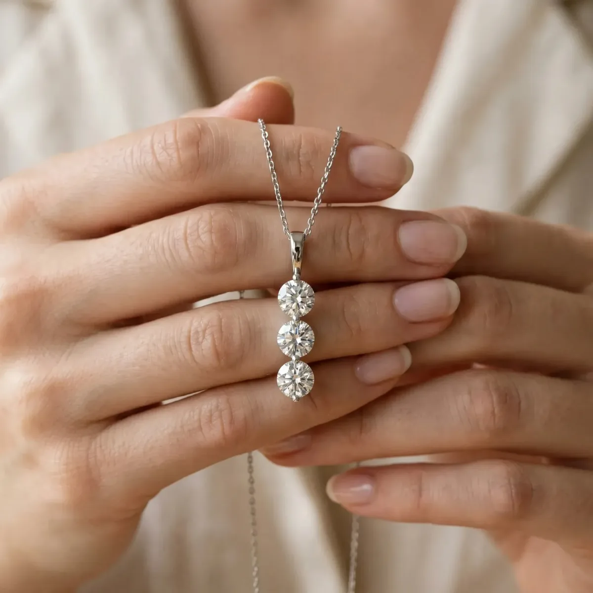 Three-Stone Round Diamond Drop Pendant with Four-Prong Setting Silver