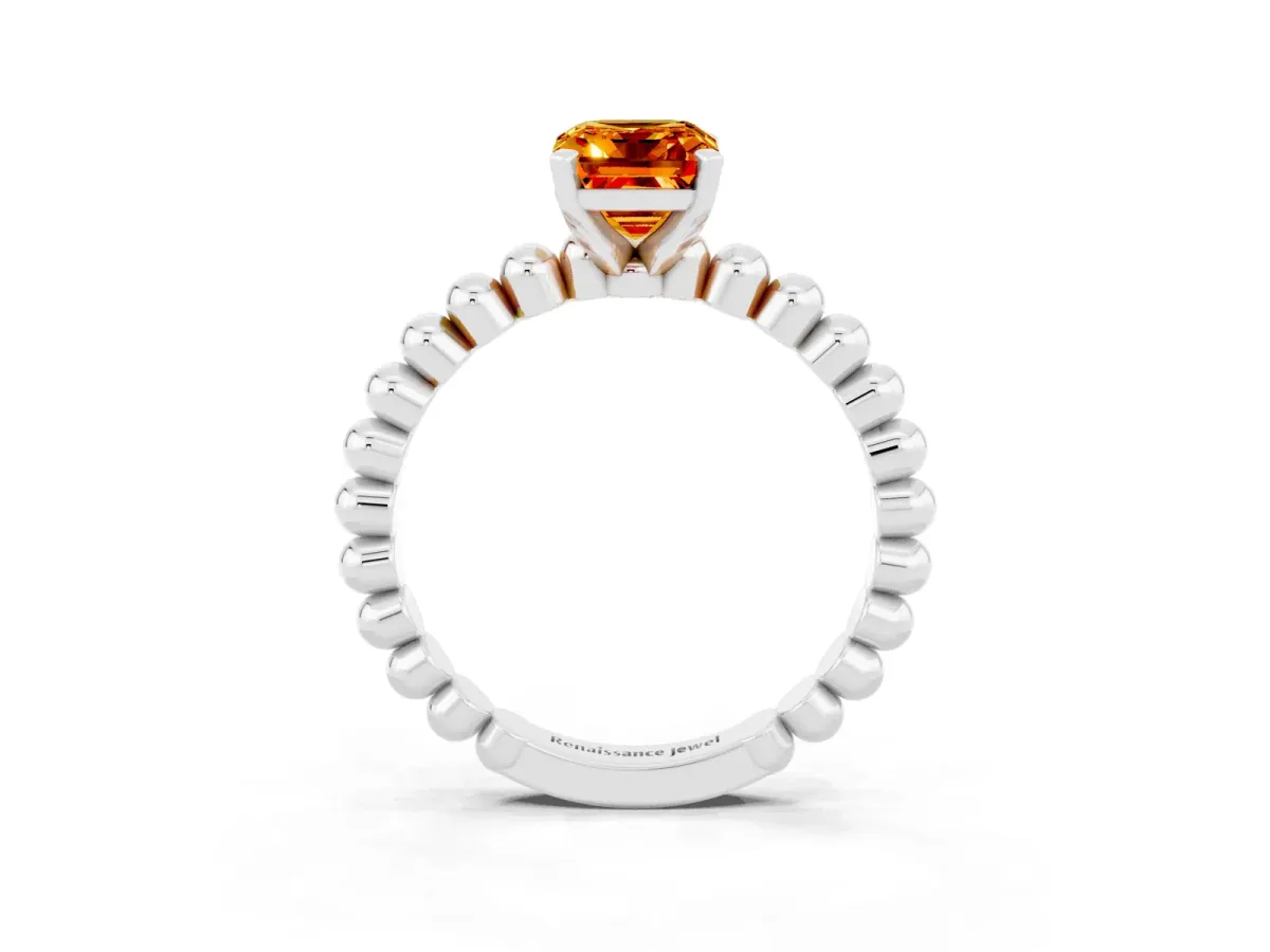 Emerald Cut Citrine Solitaire Ring with Beaded Band and Prong Setting Silver