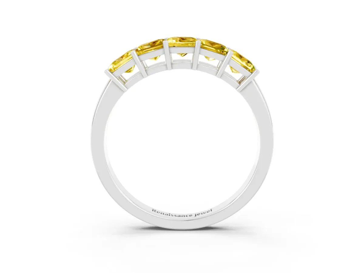 Princess Cut Five-Stone Yellow Sapphire Band with Prong Setting Silver