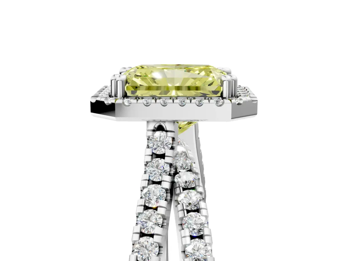 Fancy Yellow Radiant Cut Halo Split Shank Diamond Ring with Pavé Setting Platinum