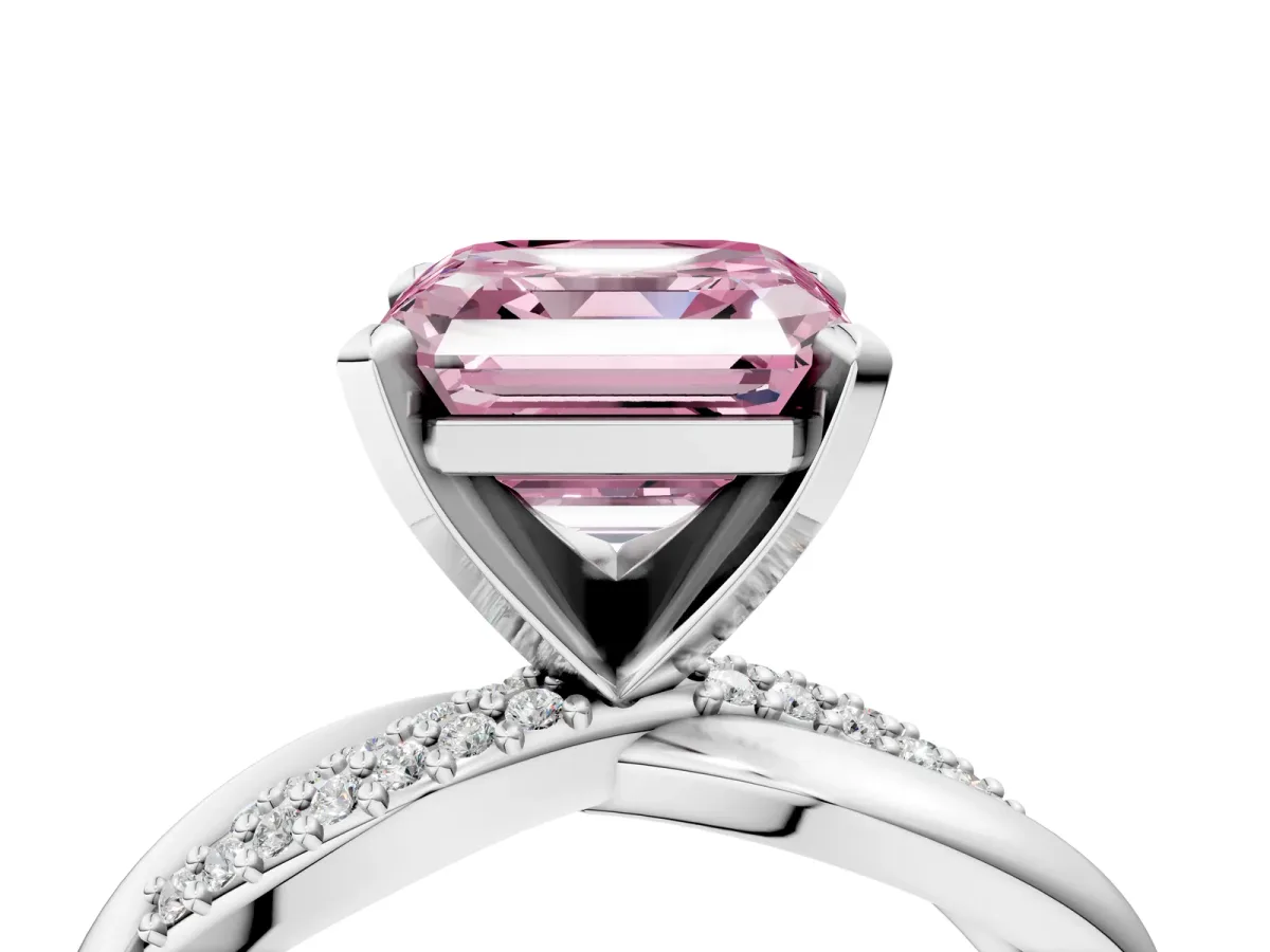 Fancy Pink Asscher Cut Solitaire Twist Band with Pave Prong Setting Platinum