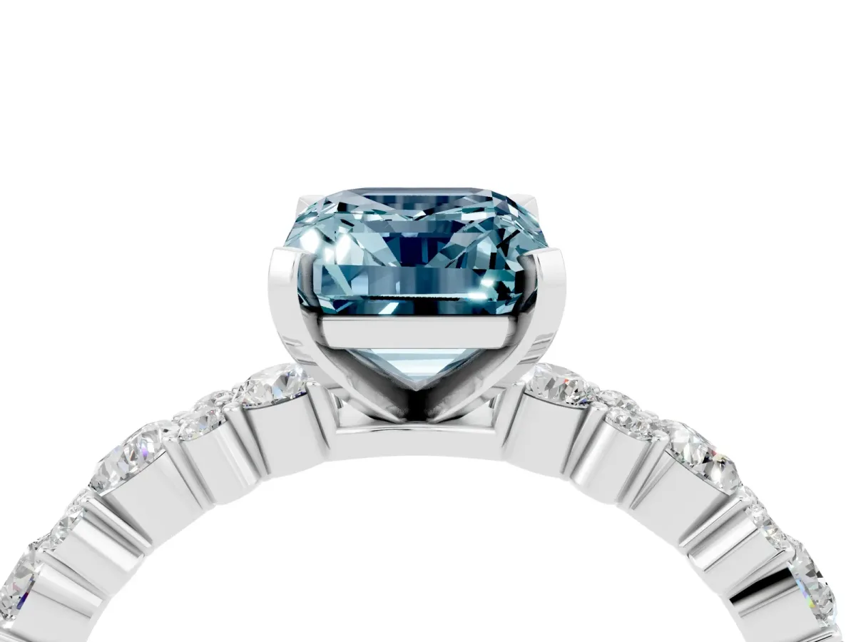 Emerald Cut Aquamarine Side Stone Solitaire Ring with Round and Four-Prong Setting Silver