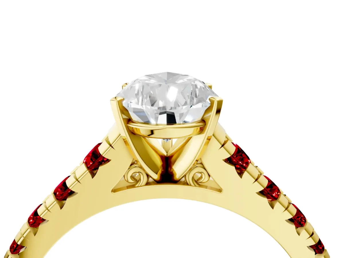 Pear Cut Diamond Cathedral Solitaire Ring with Round Ruby Pavé Band Yellow gold