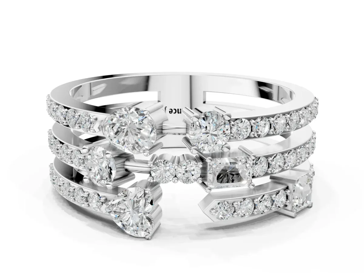 Mixed Shape Diamond Multi Row Promise Ring with Round Diamond Accents Platinum