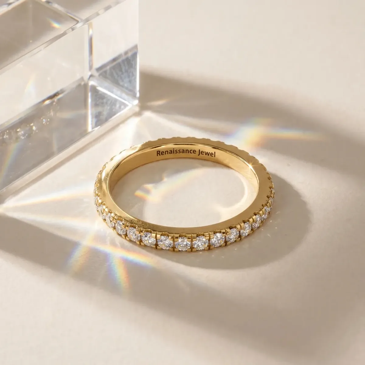 Pavé Round Diamond Half Eternity Band with Shared Prong Setting Yellow gold