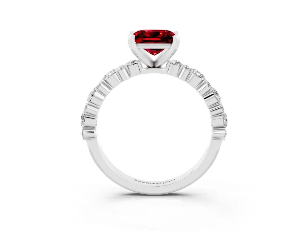 Princess Cut Ruby Side Stone Solitaire Ring with Round and Four-Prong Setting Silver