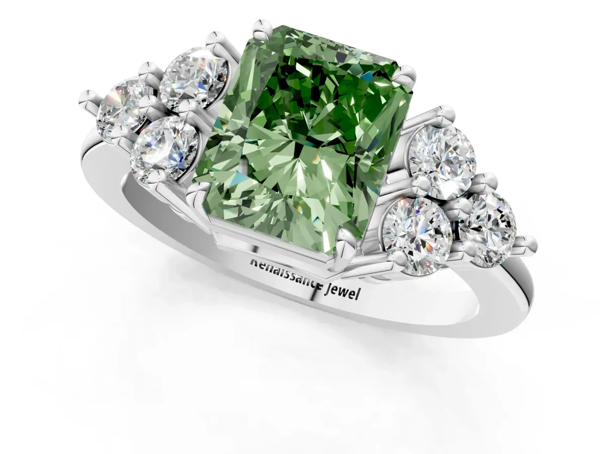 Fancy Green Radiant Cut Brilliant Diamond Cluster Accent Solitaire Ring with Prong Setting Platinum