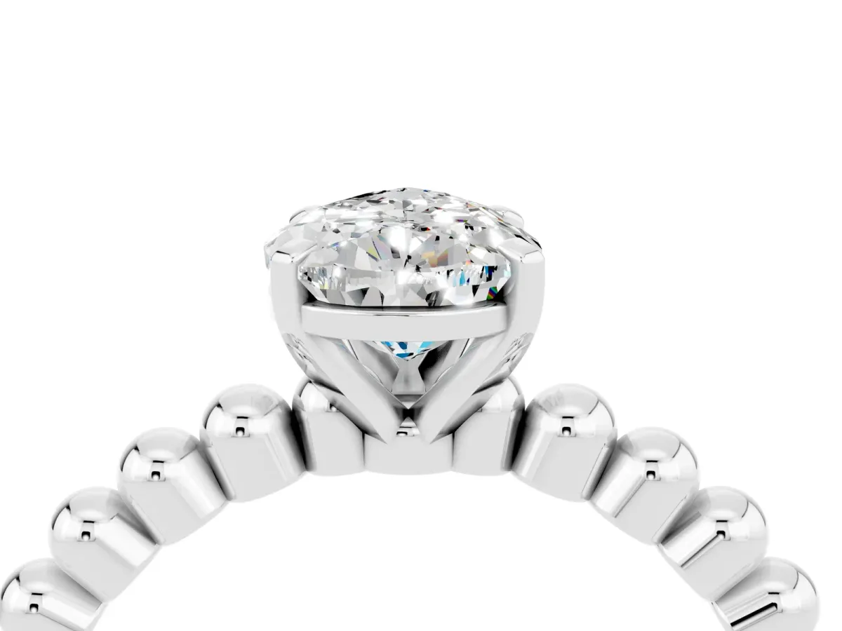 Pear Cut Moissanite Solitaire Ring with Beaded Band and Prong Setting Platinum