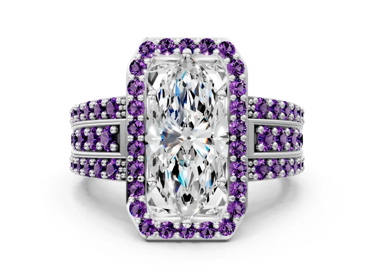 Marquise Cut Halo Diamond Ring with Round Amethyst Split Shank and Prong Setting Silver