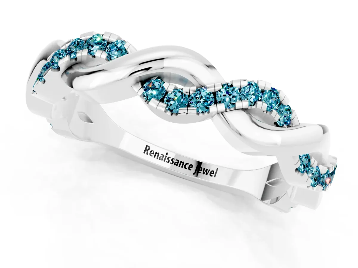 Pavé Round Blue Topaz Twist Eternity Band with Shared Prong Setting Silver