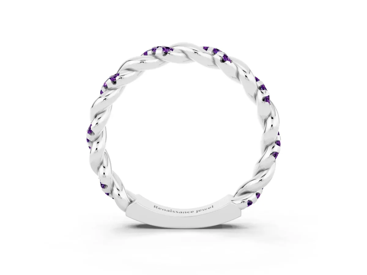 Twisted Pavé Round Amethyst Eternity Band Silver