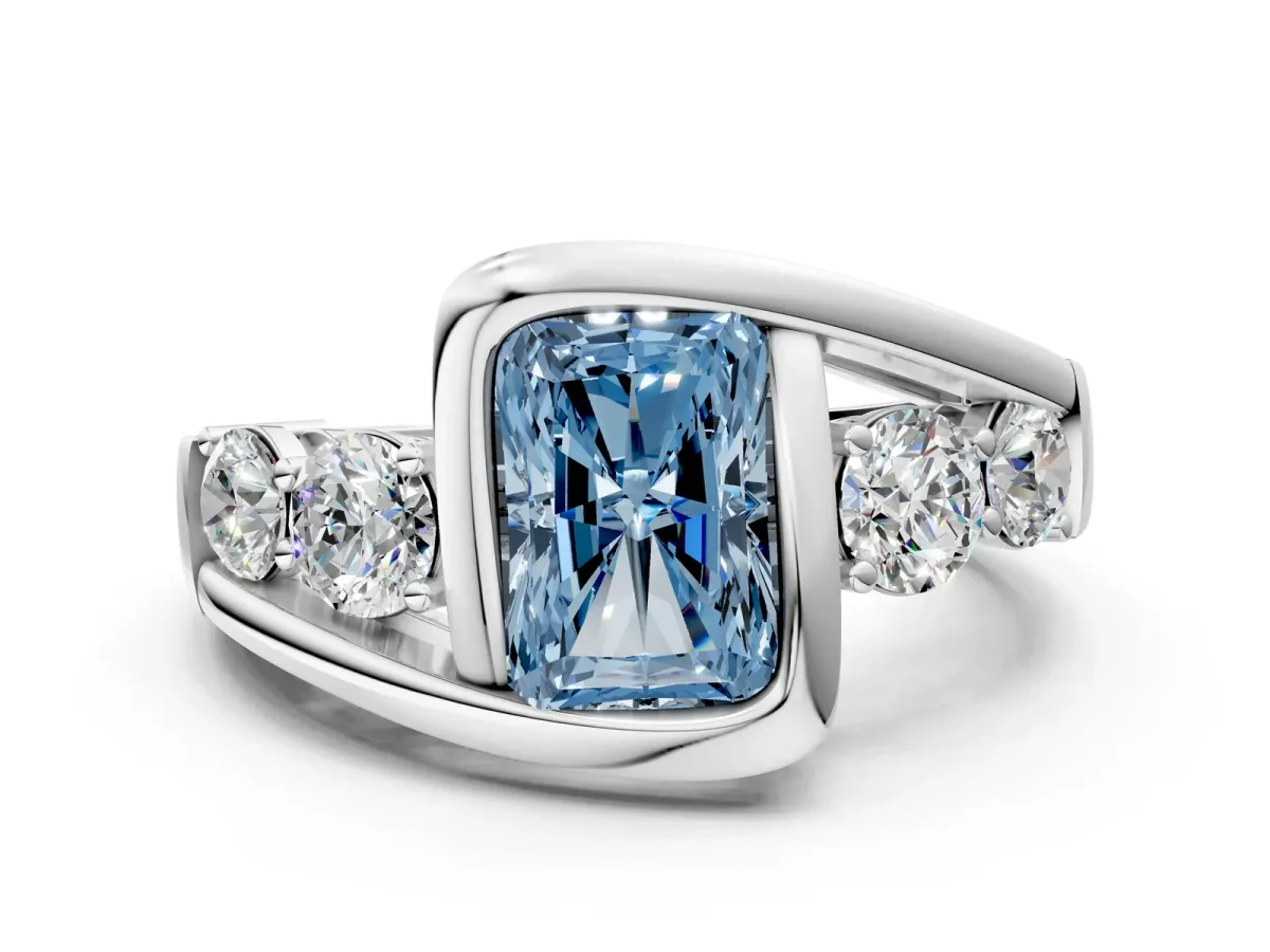 Fancy Blue Bezel Set Radiant Cut Diamond Bypass Ring with Round Accents Silver