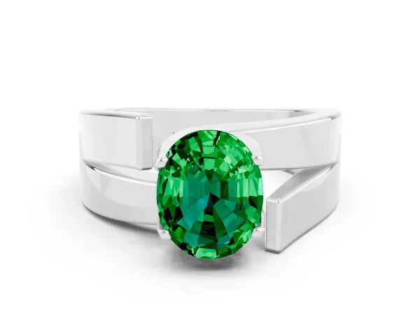 Modern Tension Set Oval Cut Emerald Solitaire Wide Band Ring Silver