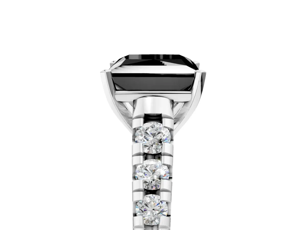 Fancy Black Princess Cut Diamond Cathedral Solitaire Ring with Round Pavé Band Silver