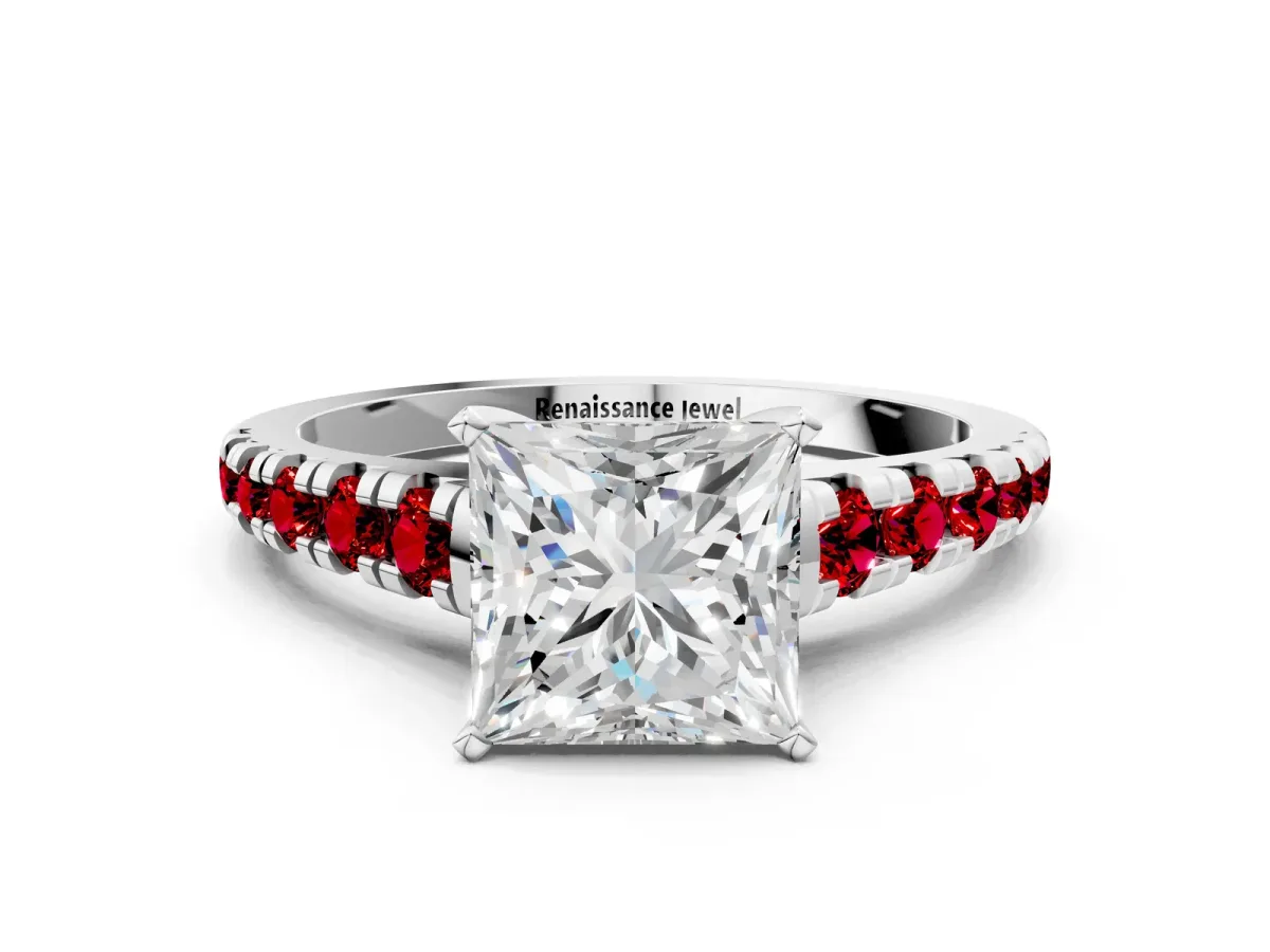 Princess Cut Diamond Cathedral Solitaire Ring with Round Ruby Pavé Band Silver