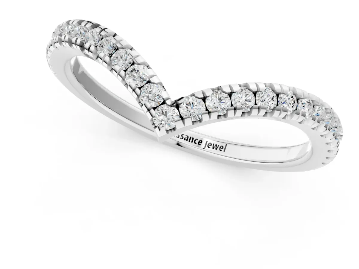 Pavé Round Diamond V-Shaped Chevron Band with Shared Prong Setting Silver