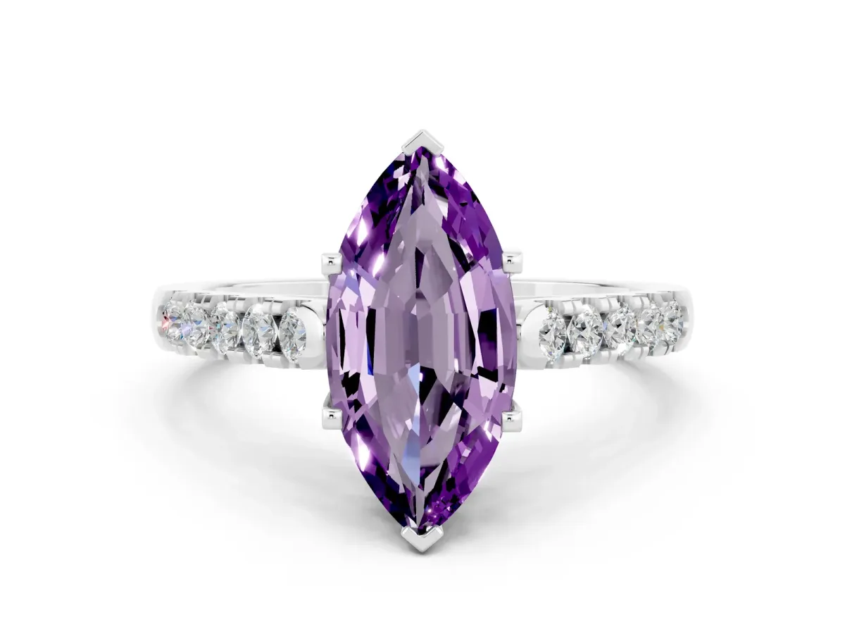 Marquise Cut Amethyst Pavé Band Solitaire Ring with Prong Setting Silver