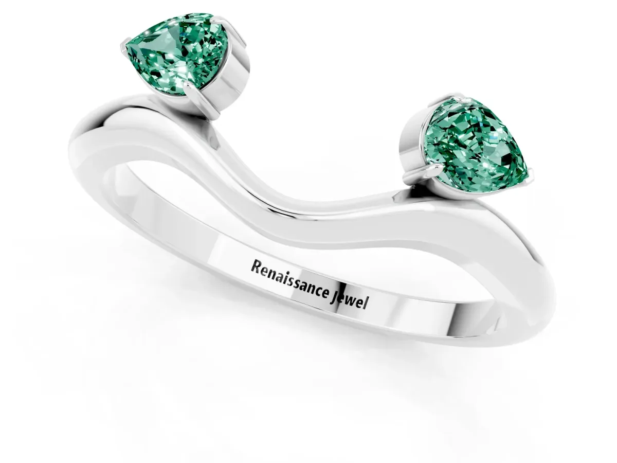 Pear Cut Green Sapphire Two-Stone Open Band Ring with Prong Setting Platinum