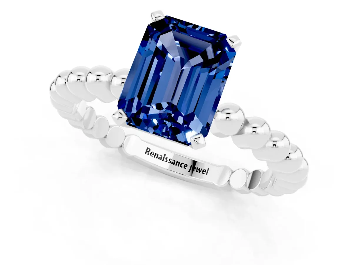 Emerald Cut Blue Sapphire Solitaire Ring with Beaded Band and Prong Setting Silver